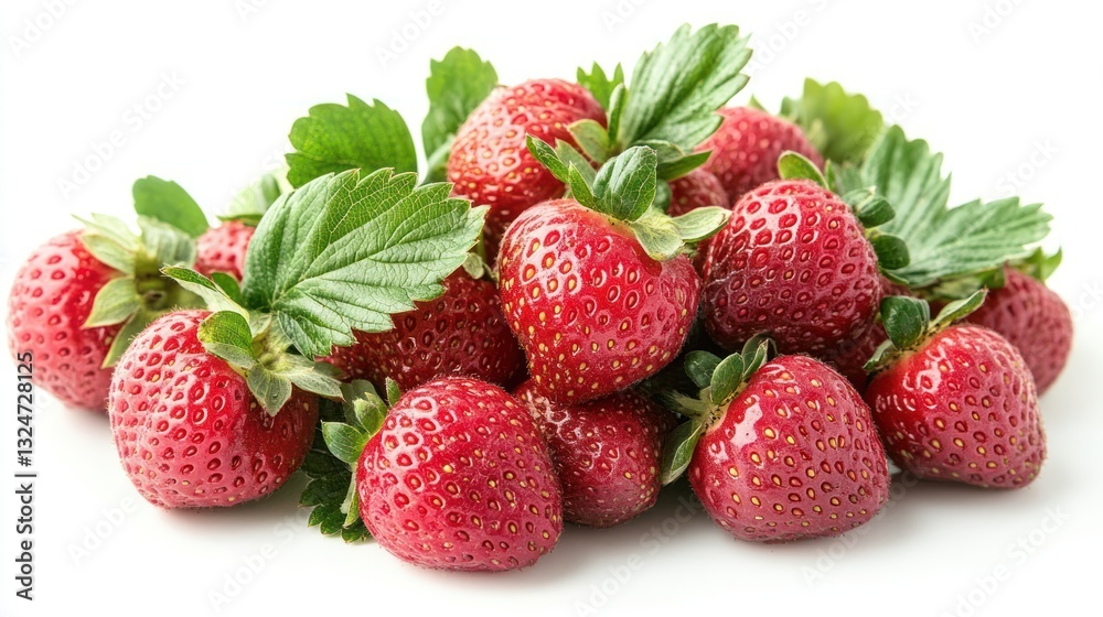 Top-down view of fresh ripe strawberries with green leaves, isolated on white background Top-down view of fresh ripe strawberries with green leaves, isolated on white background