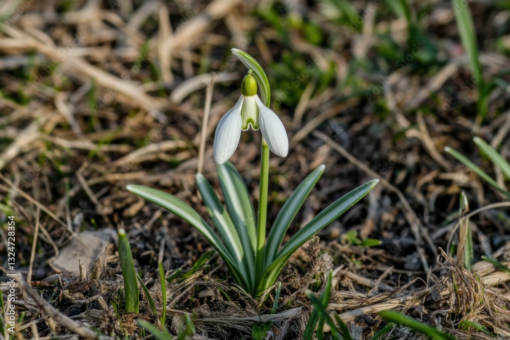 A beautiful snowdrop flower in the grass, a macro photograph with a shallow depth of field A beautiful snowdrop flower in the grass, a macro photograph with a shallow depth of field