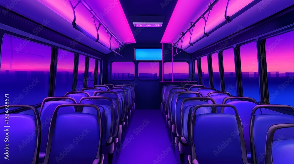 Fototapeta premium Interior view of a modern bus at dusk, showcasing vibrant purple and blue lighting effects