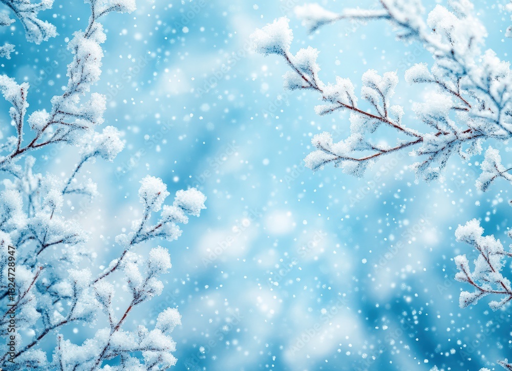 Snow falling on frozen branches creating winter wonderland background Snow falling on frozen branches creating winter wonderland background