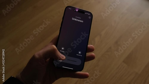 Fraud or fraudulent schemes. Close-up of a male hand holding a phone with an unexpected incoming call from an unknown