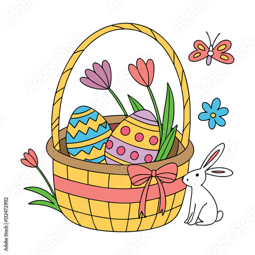 basket with easter eggs and flowers