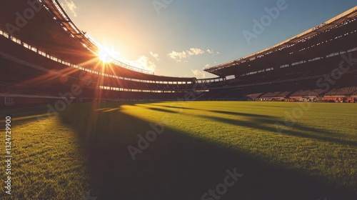 A rugby stadium at sunset, casting long shadows across the field.