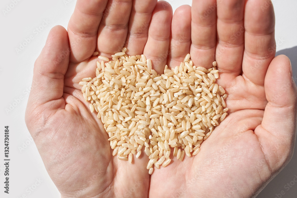 Caucasian adult holding uncooked brown rice in hands on white background displaying natural whole grains.