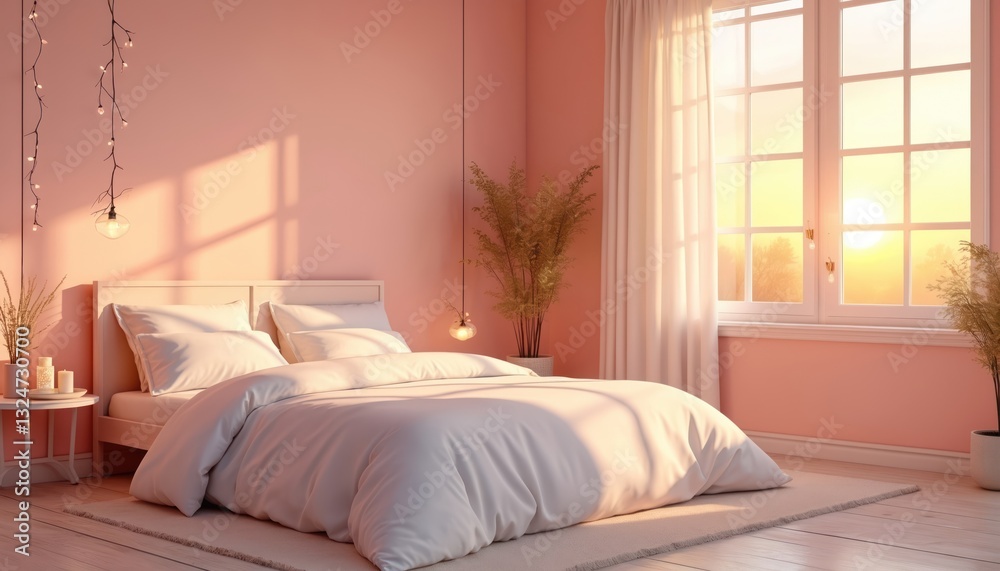 Fototapeta premium Cozy bedroom interior with soft pink walls, white bedding creates calm mood. Sunlight through window at sunset. Potted plant adds eco accents. Perfect apartment, hotel room for relaxation.