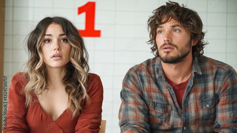 A charming couple sits nervously in a modern waiting room, showcasing a mix of concern and anticipation as they face an unknown future, embodying relatable human emotions. A charming couple sits nervously in a modern waiting room, showcasing a mix of concern and anticipation as they face an unknown future, embodying relatable human emotions.