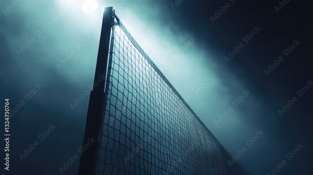 A volleyball and net under stadium floodlights, creating a cinematic effect.