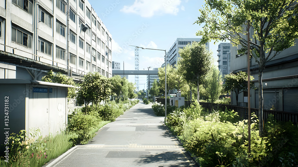 Urban Street View With Buildings Trees And Blue Sky In Daylight Urban Street View With Buildings Trees And Blue Sky In Daylight