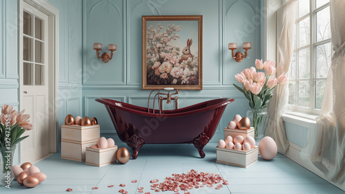 Vintage bathroom with dark burgundy bathtub with Easter decorations