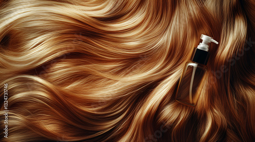 Bottle of hair product into the hair. Long, light brown lock of women's straight hair elegantly spread out. Luxurious atmosphere. Horizontal banner with copy space.