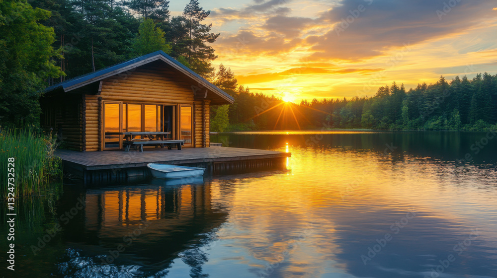 Scenic lakeside cabin at sunset reflecting on calm water Scenic lakeside cabin at sunset reflecting on calm water