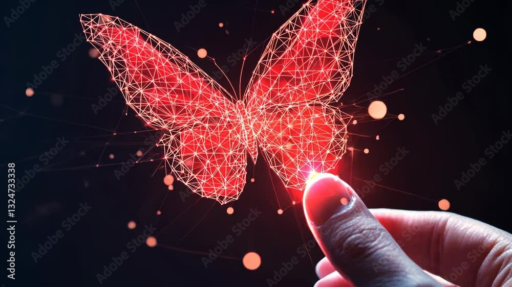 Holographic butterfly interaction: hand touches glowing digital art in motion