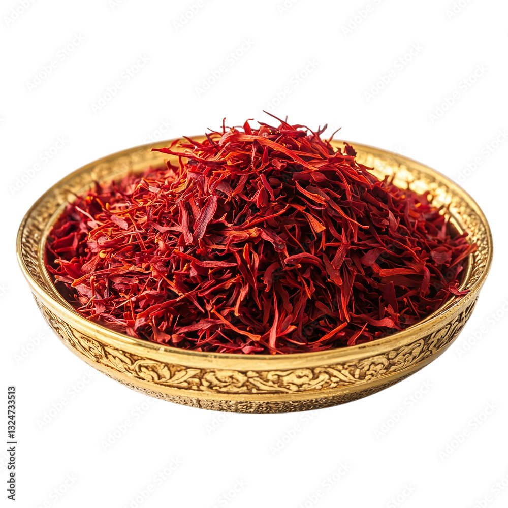 Fototapeta premium A heap of saffron threads placed in a tiny golden dish, isolated on a white transparent background.