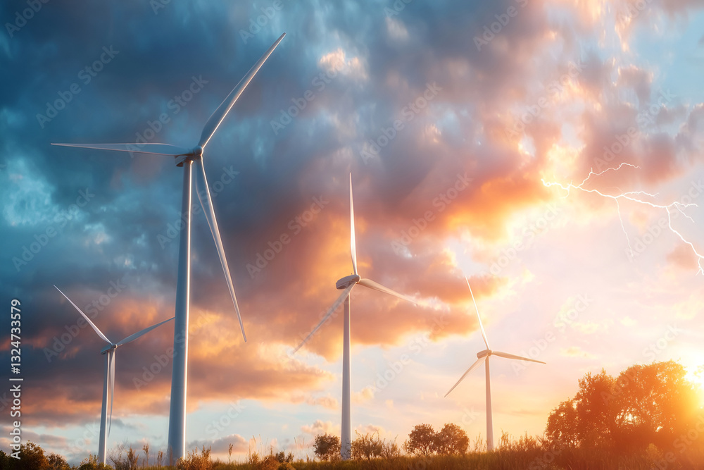 Wind turbines on countryside at sunset with dramatic storm clouds and lightning Wind turbines on countryside at sunset with dramatic storm clouds and lightning