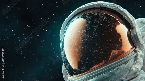 a close up of a space suit with a helmet on it's head and a space background with stars