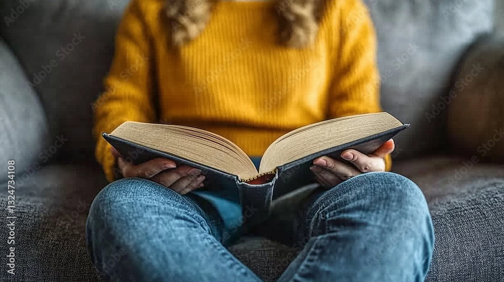 A person sitting with an open book in their hands, wearing a yellow sweater. A person sitting with an open book in their hands, wearing a yellow sweater.