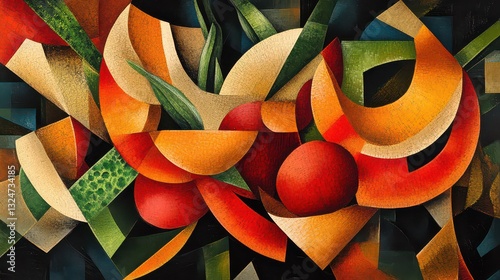 Cubist-inspired vegetable abstraction with fragmented shapes and vibrant contrasts.