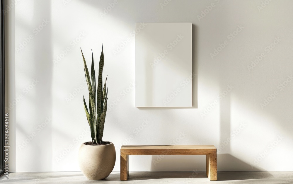 Minimalist Interior with Blank Canvas Snake Plant and Wooden Bench Minimalist Interior with Blank Canvas Snake Plant and Wooden Bench