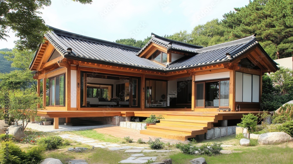 Beautiful traditional style wooden home surrounded by lush green landscape Beautiful traditional style wooden home surrounded by lush green landscape