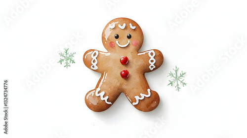 Smiling Gingerbread Man Cookie With Icing And Red Button Decorations On A White Background With Green Snowflakes For Christmas Festivities