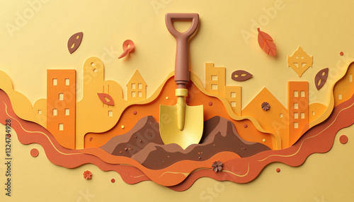 Layered papercut art depicting a shovel in soil, nature theme