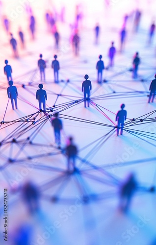 Abstract network concept: Miniature figures interconnected by thin strings, symbolizing global communication and relationships in a vibrant, purple-blue hue.