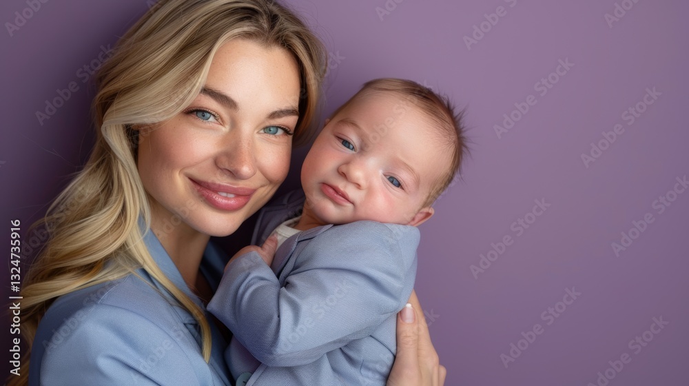 Beautiful Blonde Mother Holding Newborn Baby Wearing Blue Suit on Purple Background Beautiful Blonde Mother Holding Newborn Baby Wearing Blue Suit on Purple Background