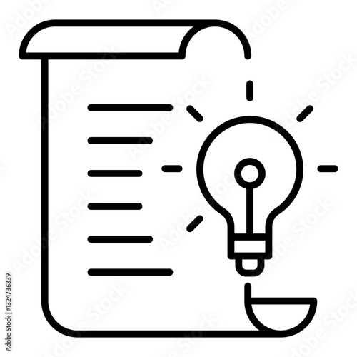 Document icon with a light bulb representing innovation, brainstorming, creative thinking, knowledge development, and new ideas