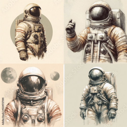 Astronaut in various poses, showcasing space exploration theme, vintage illustration style