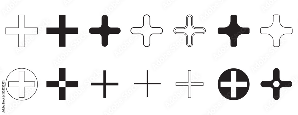 Fototapeta premium Collection of plus sign icons in different styles