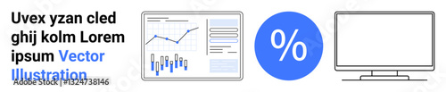 Graph depicting financial data, percentage symbol, and computer screen. Ideal for financial analysis, data monitoring, business presentations, tech tools, investment insights, digital dashboards