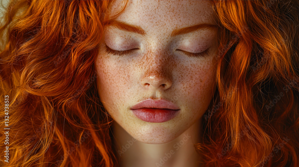 Fototapeta premium A serene young woman with vibrant red curls and freckles poses with her eyes closed, embracing tranquility