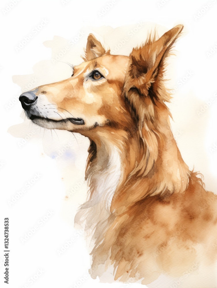 Fototapeta premium Beautiful Collie Dog Looking into the Distance on White Background Watercolor Illustration Artwork