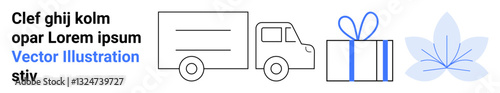 Delivery truck, gift box tied with ribbon, stylized flower. Ideal for e-commerce, shipping, logistics, customer service, online shopping retail promotions seasonal marketing. Landing page