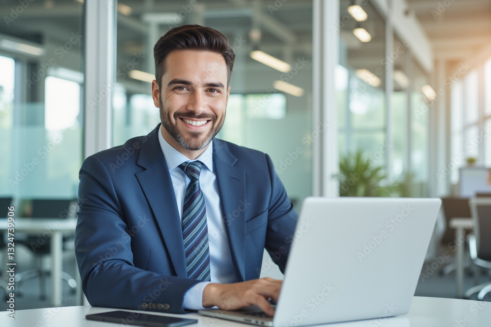 Successful Businessman Working on Laptop in Modern Office – Professional Setting for Job Recruitment Fair Promotions Successful Businessman Working on Laptop in Modern Office – Professional Setting for Job Recruitment Fair Promotions