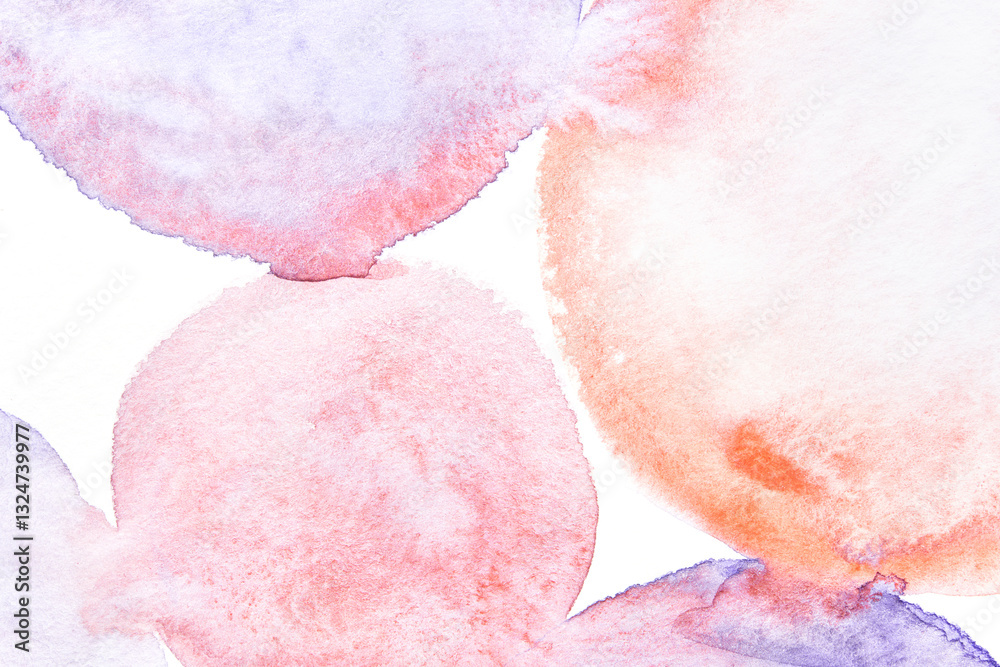 Fototapeta premium Abstract watercolor art with soft pastel circles and organic shapes in pink, purple, and orange hues.