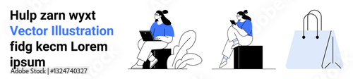 Two women engaging with digital devices one with a laptop, another with a smartphone. Included shopping bag. Ideal for remote work, tech usage, lifestyle blogs, e-commerce, marketing materials