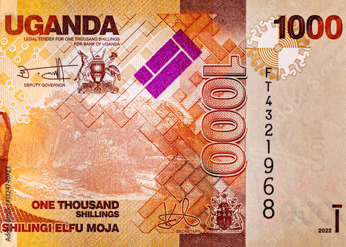 Banknote 1000 shillings Uganda 2022 printing. Fragments for design. paper money of Uganda