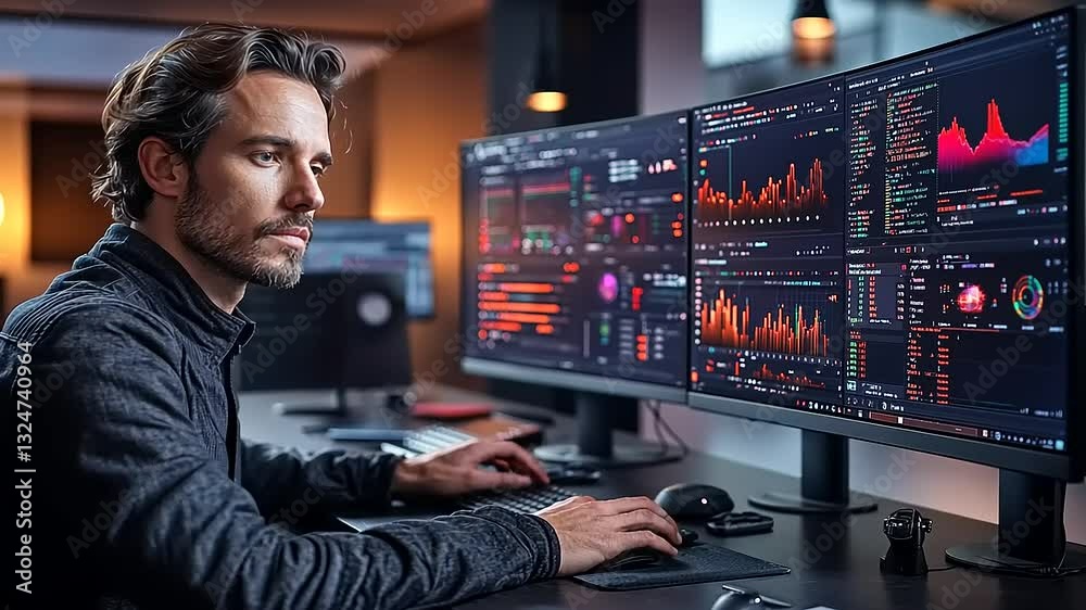 Focused man analyzing data on multiple screens in a modern office environment during evening hours Focused man analyzing data on multiple screens in a modern office environment during evening hours