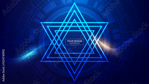 Abstract vector background with sacred geometry symbols, blue Star of David in the center on dark, glowing neon lines, futuristic elements.Used for web banner, or presentation template.
