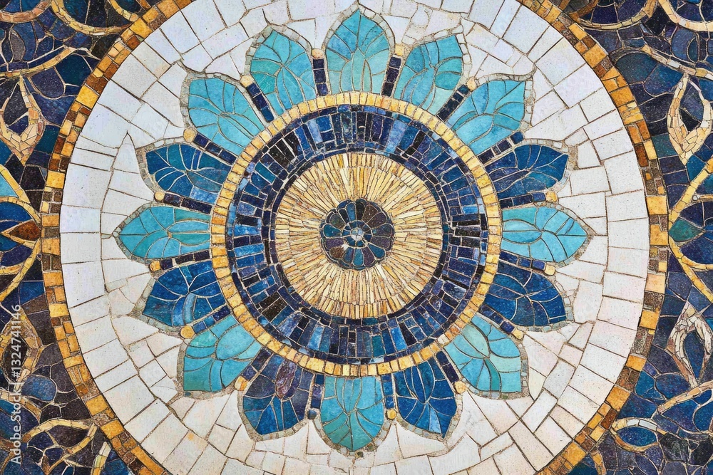 Obraz premium Intricate mosaic artwork featuring a circular floral design in shades of blue, teal, and gold.