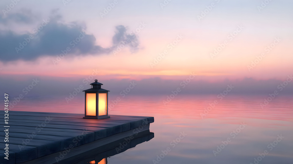 Fototapeta premium Tranquil Sunset: A Glowing Lantern on a Calm Lake Pier