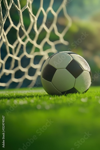 Soccer ball on grass lawn. Outdoor activity.