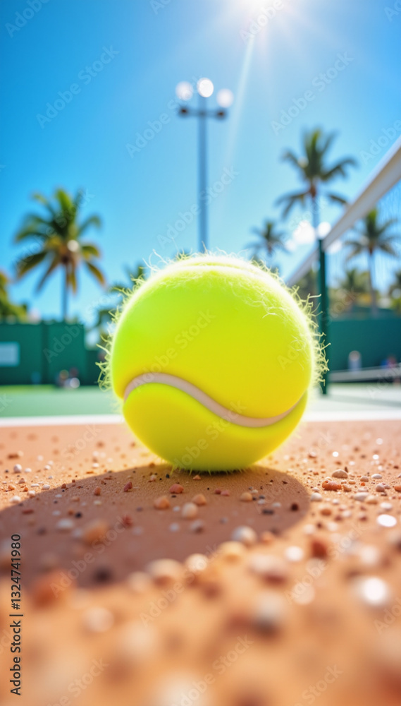 Fototapeta premium Tennis Ball on Clay Court – Dynamic Action in Miami for Sports Events and Championship Promotions 
