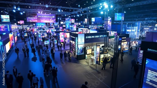 Vibrant digital expo showcasing interactive displays and engaged attendees