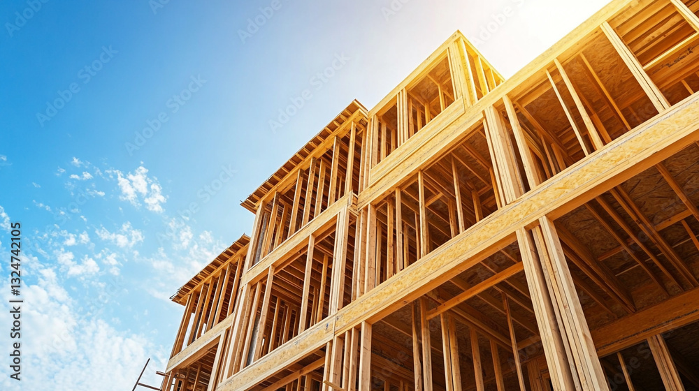 Fototapeta premium New Home Construction: Wooden Frame House Under Blue Sky New wooden house frame in progress, construction site, open sky, light background