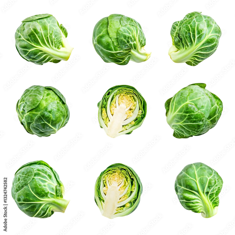 Fresh Brussels sprouts in various views whole and halved showing vibrant green color and healthy texture Fresh Brussels sprouts in various views whole and halved showing vibrant green color and healthy texture