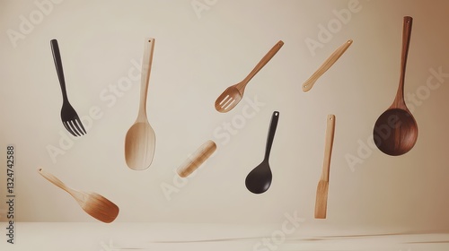 Minimalist composition of floating cooking utensils arranged in an artistic pattern on a neutral background.