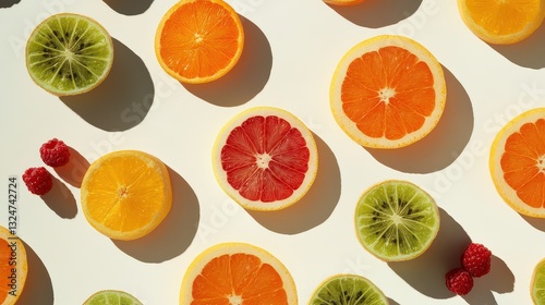 Minimalist fruit abstraction with sliced citrus and berries forming a geometric pattern.