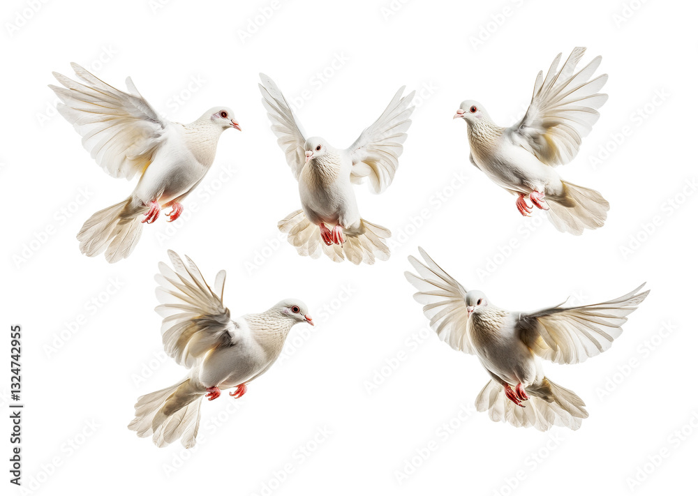 Obraz premium Five white doves in flight with outstretched wings, cut out